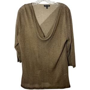 Eileen Fisher Metallic Striped Lightweight Draped Cowl Neck Knit Top Tan Gold L